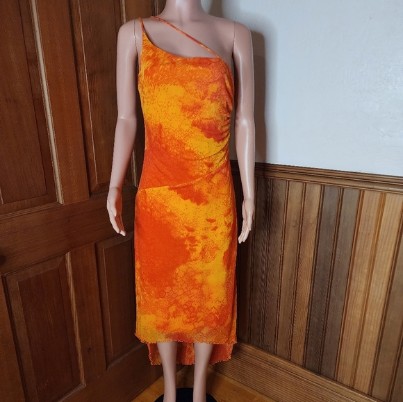 Vintage Y2K Frederick's of Hollywood One Shoulder Orange Ruched Dress - Picture 1 of 8